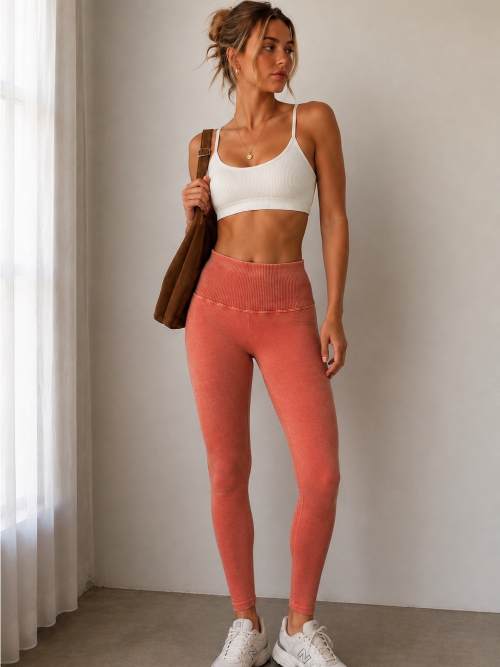Free People Woman’s Coral Ribbed-Waist Leggings